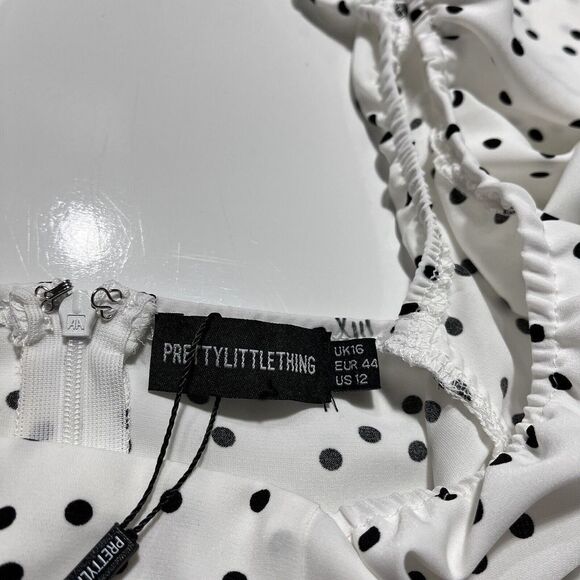 NWT Pretty Little Thing Polka Dot Fit Flare Dress Size 12 Short Ruched Detail - Picture 5 of 9